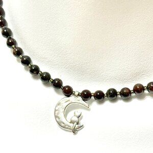 Deep Wine Red Garnet Short Necklace, Genuine Gemstone & Silver Cat on the Moon